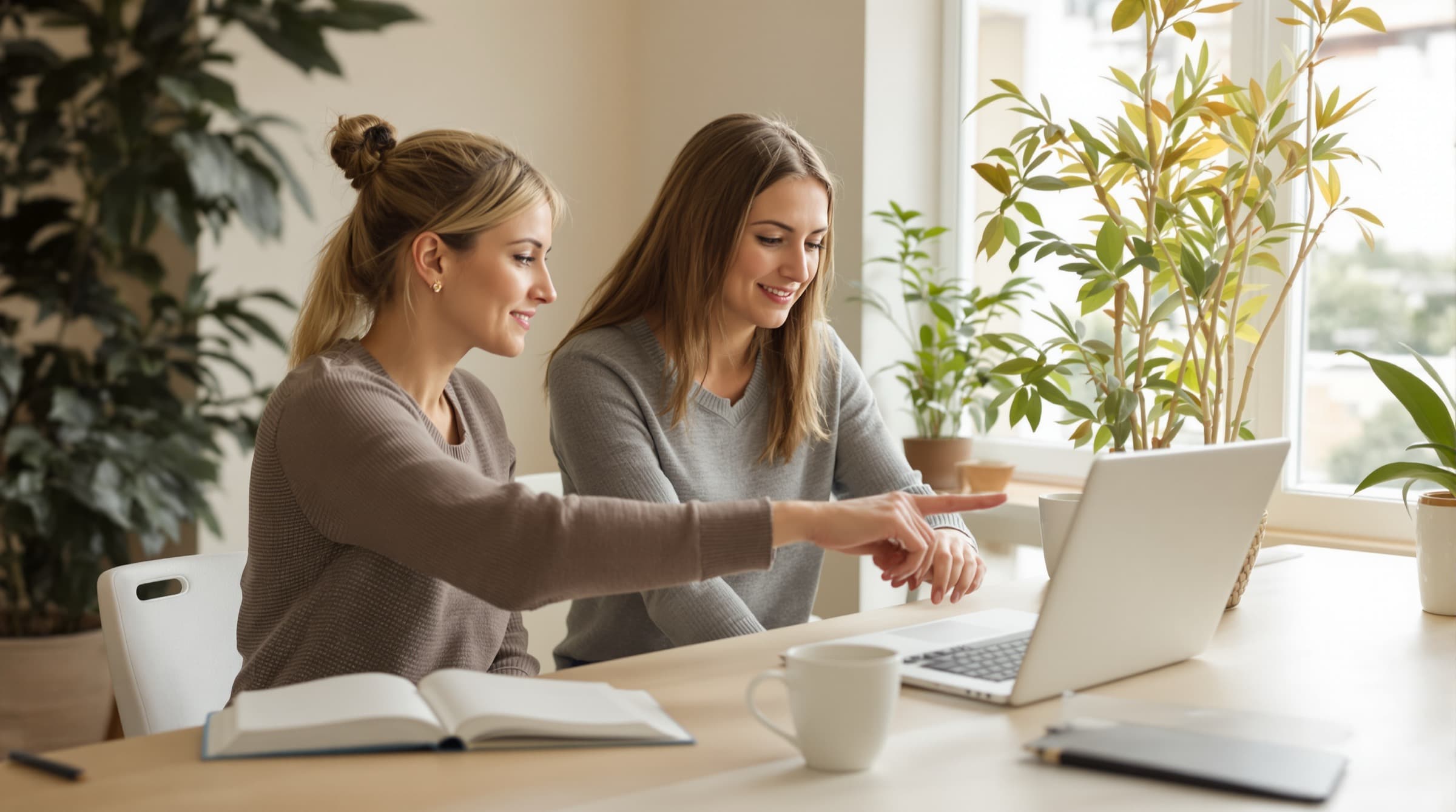Une dirigeante et une consultante web regardent ensemble un ordinateur portable dans un bureau lumineux.